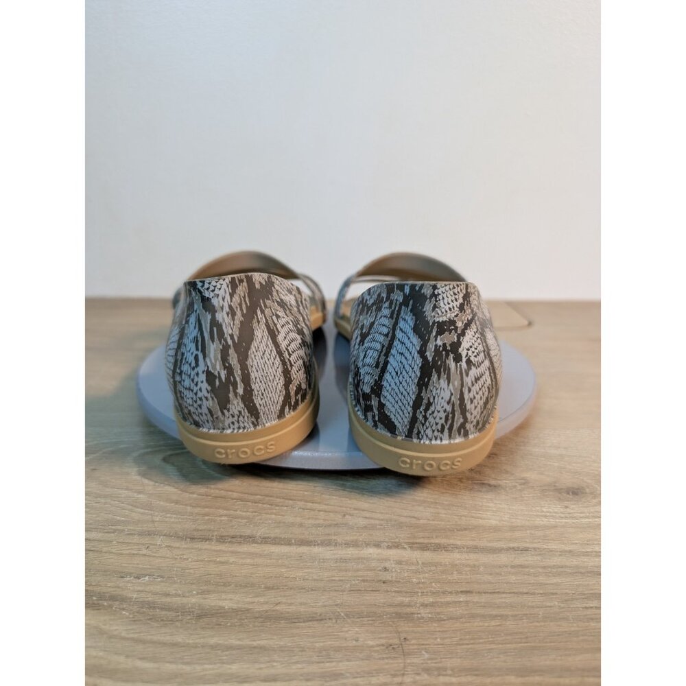 Crocs Sandals Womens 11 Gray Tan Snake Tulum Open Toe Flat 3-Strap Flat Iconic - Picture 5 of 8